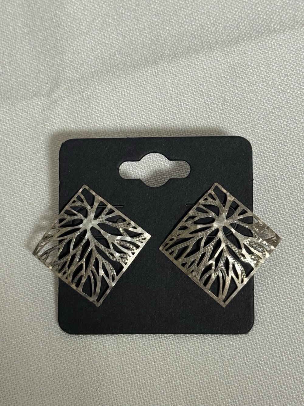 Vintage Sterling Silver Filigree Square Earrings Studs -1”